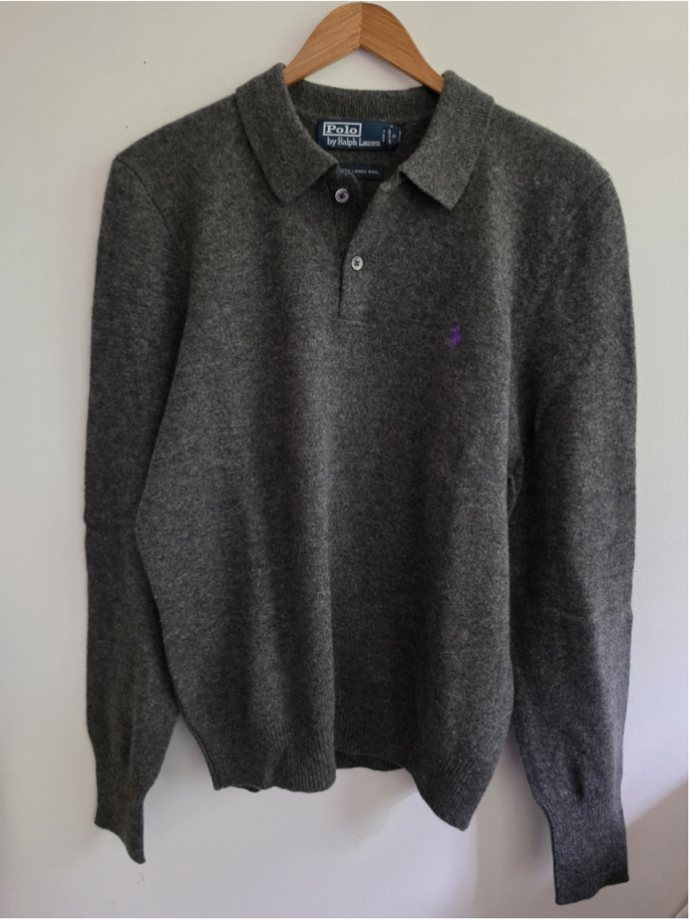 VTG Polo Ralph Lauren Lambswool Polo Sweater Medium Gray Purple Pony Mens